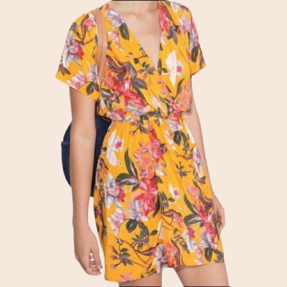 & Other Stories Golden Yellow Floral Faux Wrap Mini Dress Size 4